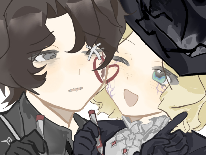 1boy, 1girl, artist_request, black_gloves, black_hair, black_jacket, black_shirt, blonde_hair