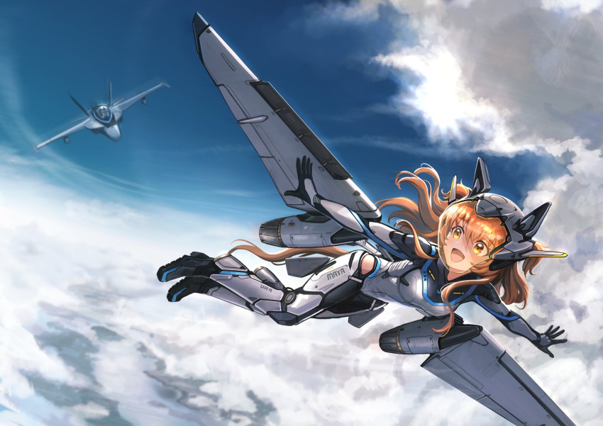 1girl, aircraft, airplane, animal_ears, bodysuit, clouds, fighter_jet, flying