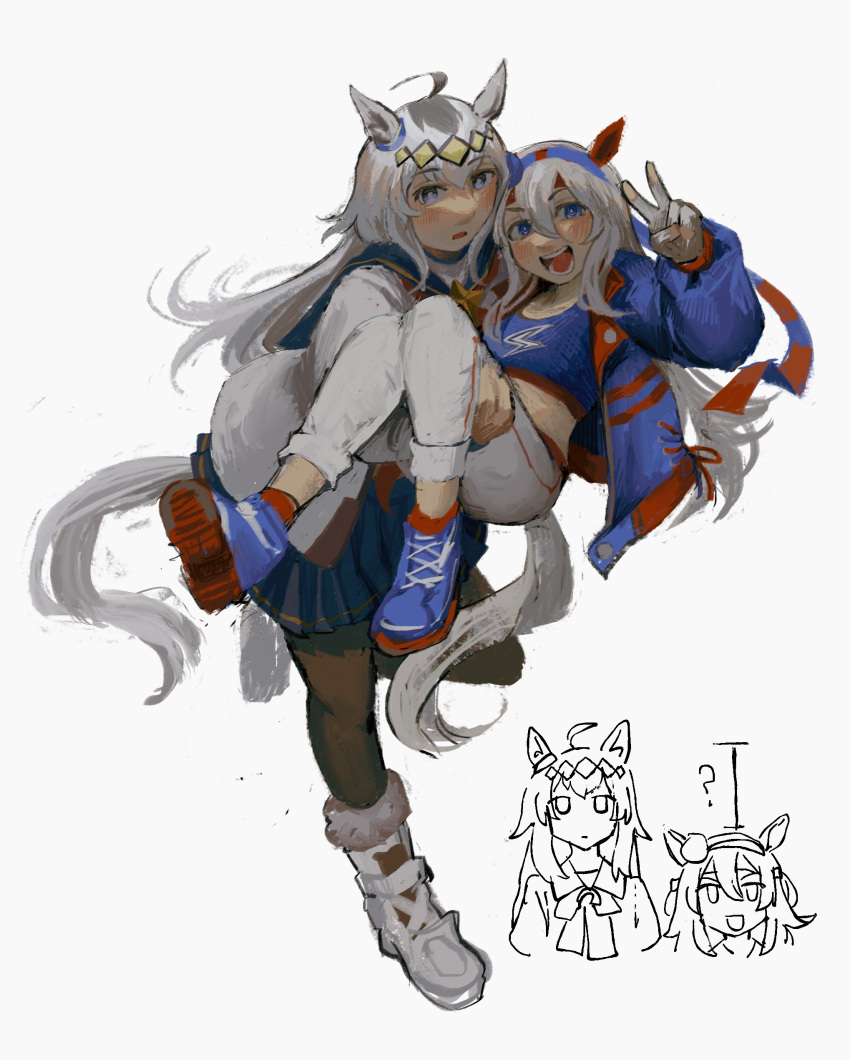 2girls, ?, absurdres, ahoge, animal_ears, black_jacket, black_leggings, black_pantyhose