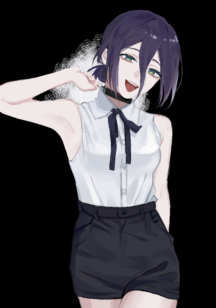 1girl, black_background, black_choker, black_ribbon, black_shorts, chainsaw_man, choker, green_eyes, grenade_pin, hair_between_eyes, hair_bun, jeod_twst, neck_ribbon, open_mouth, purple_hair, reze_(chainsaw_man), ribbon, shirt, shirt_tucked_in, shorts, sleeveless, sleeveless_shirt, solo, white_shirt