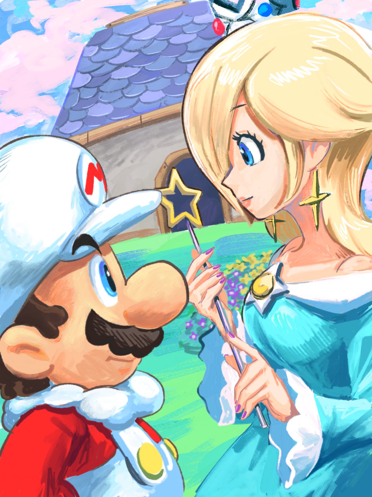 1boy, 1girl, blonde_hair, blue_dress, blue_eyes, brown_hair, building, cloud_mario