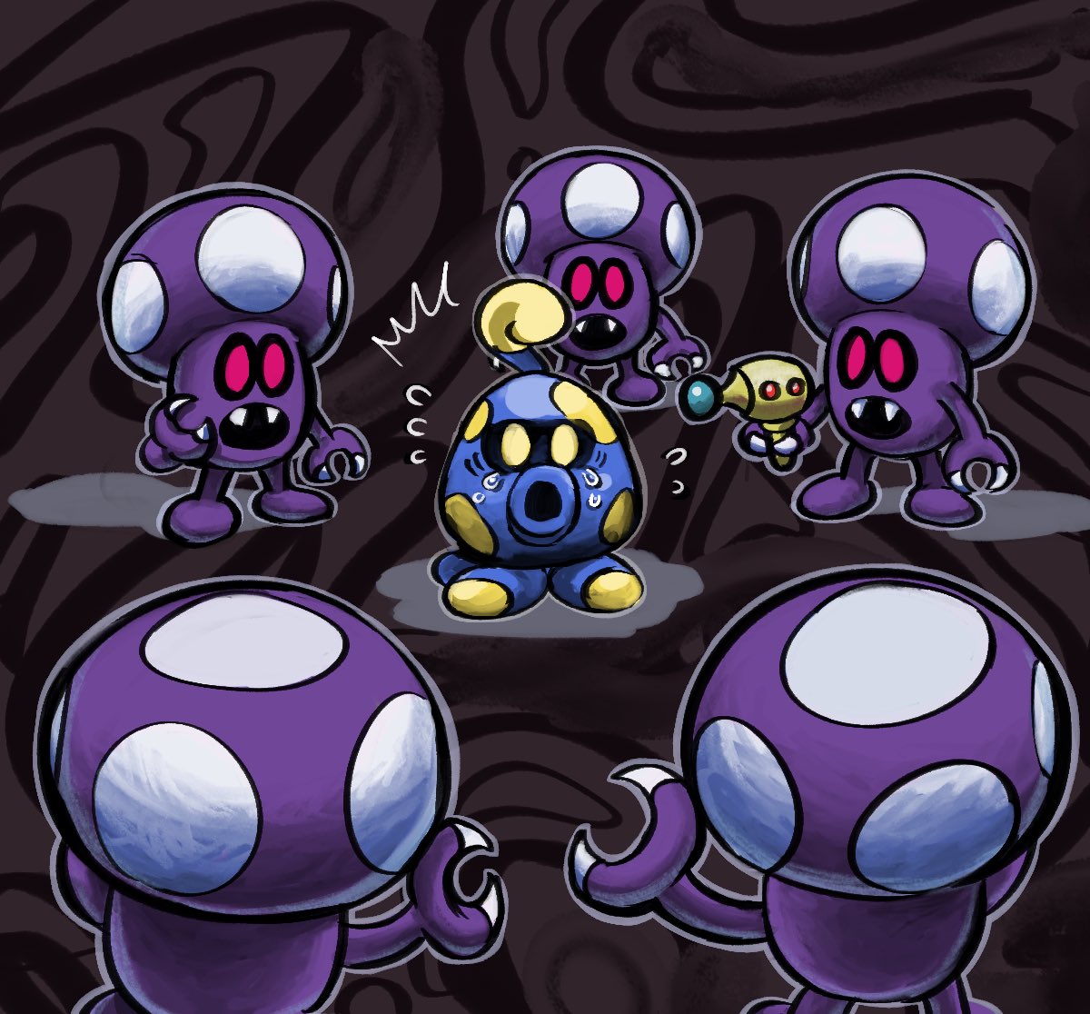 abstract_background, black_sclera, claws, colored_sclera, energy_gun, fangs, holding, holding_ray_gun