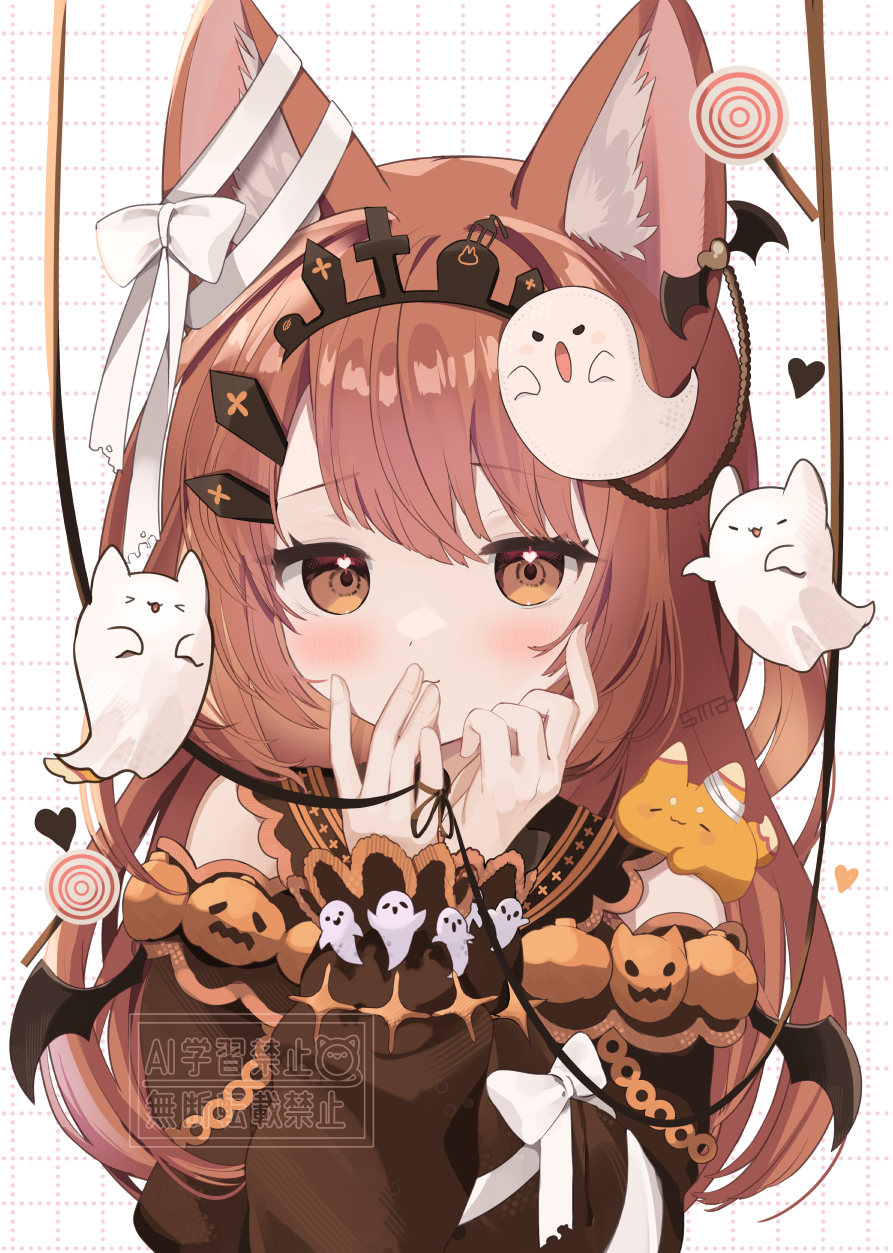 >_<, 1girl, animal_ear_fluff, animal_ears, bandaged_ear, brown_dress, brown_eyes, brown_hair