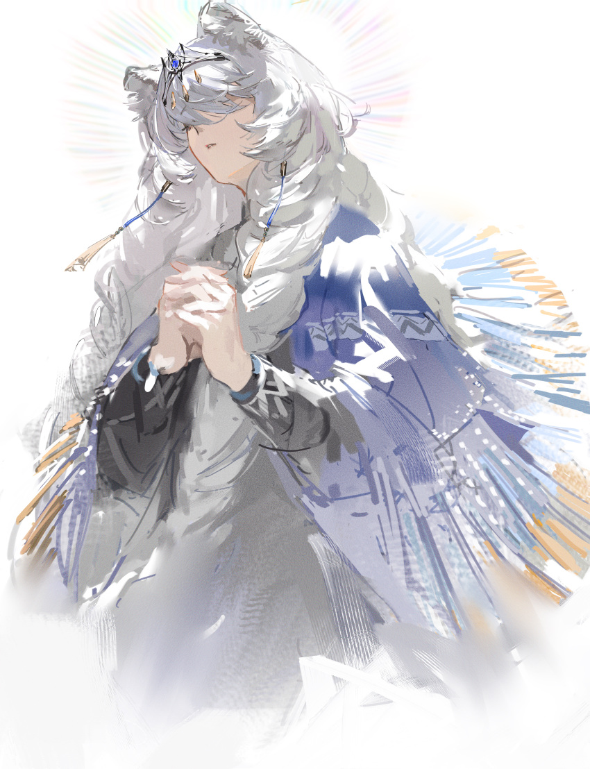 1girl, absurdres, animal_ears, arknights, black_dress, blue_cape, braid, cape