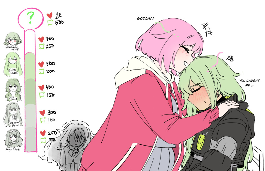 2girls, absurdres, black_jacket, blush, closed_eyes, closed_mouth, commentary, english_text