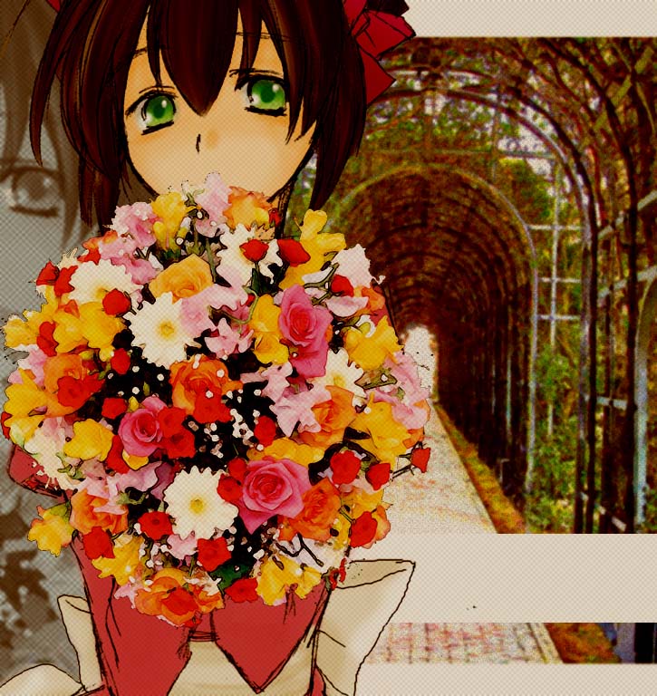 1girl, 2000s_(style), arch, bouquet, brown_hair, commentary_request, dress, flower