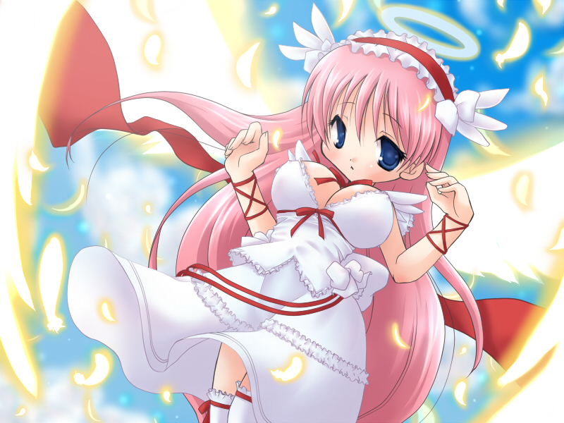 blue_eyes, bow, breasts, dress, feathers, frills, hair_ribbon, hairband