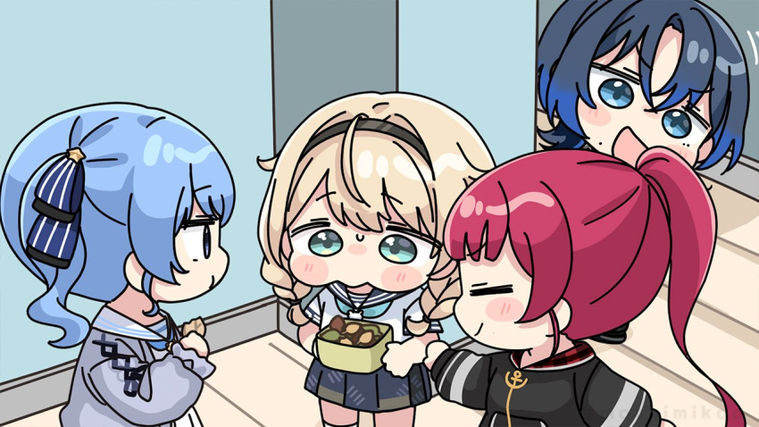 4girls, :d, black_jacket, blue_eyes, blue_hair, blue_sailor_collar, blue_skirt, blush_stickers