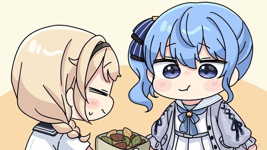 2girls, :t, black_sailor_collar, blonde_hair, blue_bow, blue_eyes, blue_hair, bow