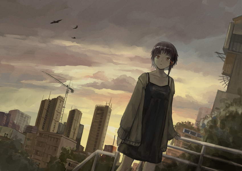 1girl, absurdres, bin_jiang, bird, brown_eyes, brown_hair, city, clouds