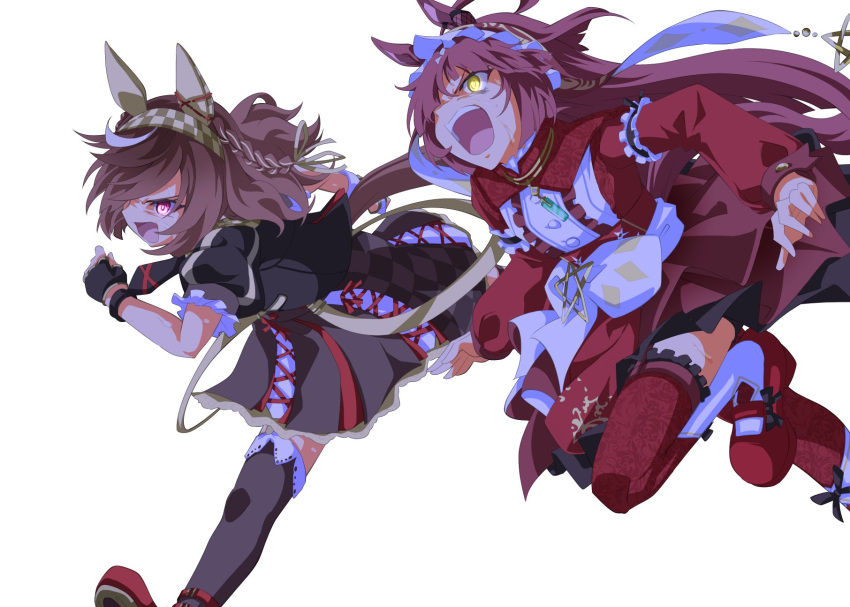 2girls, ahoge, animal_ears, black_dress, black_thighhighs, blunt_bangs, blunt_ends, blunt_sidelocks, braid, breasts, brown_hair, brown_headdress, buena_vista_(umamusume), checkered_hairband, dress, eye_trail, glowing, glowing_eyes, hair_between_eyes, hair_ornament, hairband, headband, highres, horse_ears, horse_girl, horse_tail, light_trail, long_hair, long_sleeves, medium_hair, multiple_girls, open_mouth, puffy_short_sleeves, puffy_sleeves, red_desire_(umamusume), red_dress, red_hair, red_hairband, red_headdress, red_thighhighs, running, shoes, short_sleeves, sidelocks, star_ornament, sweat, tail, teeth, thigh-highs, umamusume, upper_teeth_only, violet_eyes, yellow_eyes, zukki_(bijitaru)