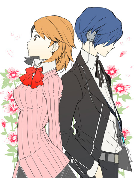1girl, arisato_minato, back-to-back, blue_hair, brown_hair, couple, digital_media_player, headphones