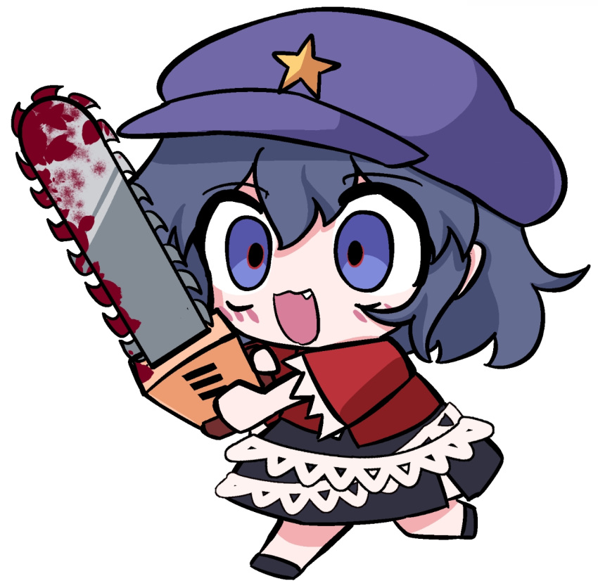 1girl, black_shoes, black_skirt, blood, blush, chainsaw, chibi, chibi_only