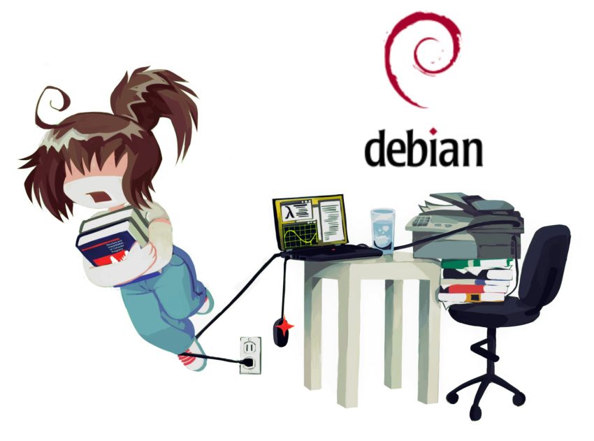1girl, ahoge, book, brown_hair, chair, computer, computer_mouse, cup