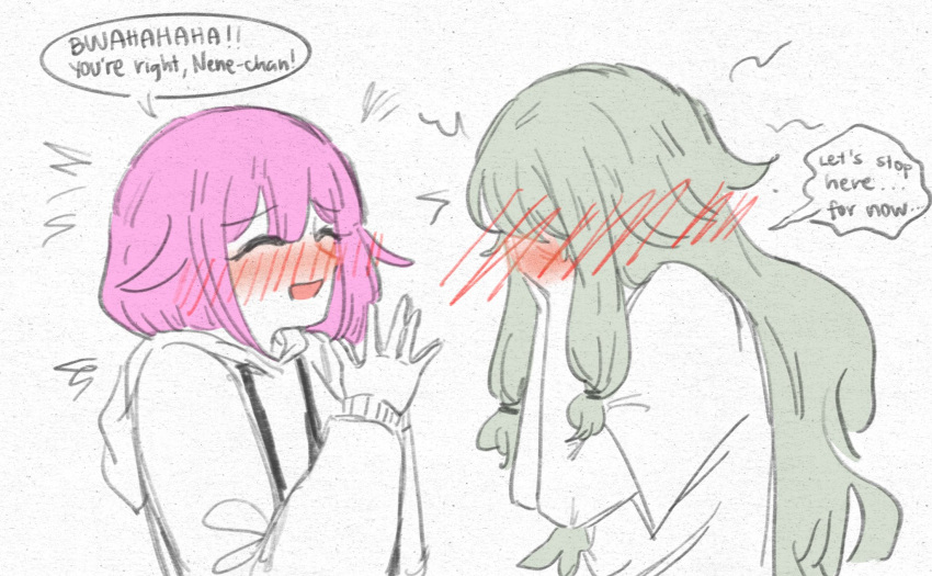 2girls, blush, closed_eyes, commentary, embarrassed, english_commentary, english_text, green_hair, highres, hood, hoodie, kcmvnd, kusanagi_nene, long_hair, multiple_girls, ootori_emu, open_mouth, pink_hair, project_sekai, short_hair, speech_bubble, white_background, yuri