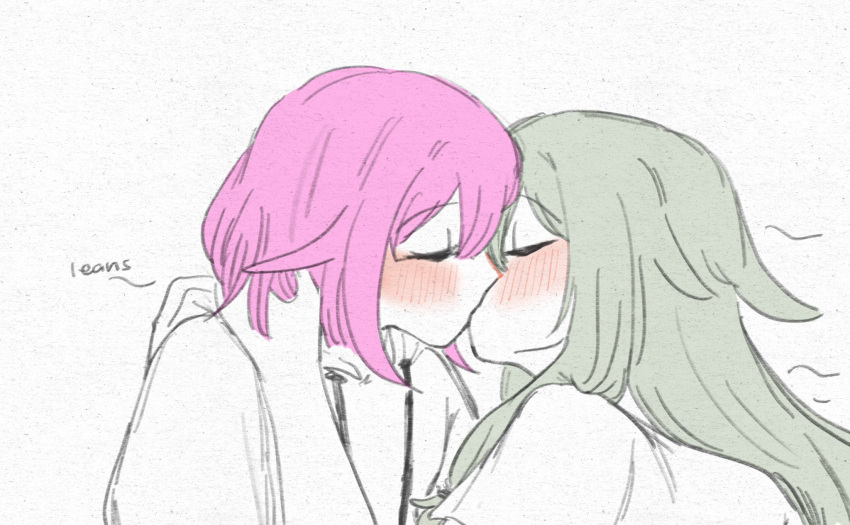 2girls, blush, closed_eyes, commentary, english_commentary, green_hair, highres, hood, hoodie, kcmvnd, kiss, kusanagi_nene, long_hair, multiple_girls, ootori_emu, pink_hair, project_sekai, short_hair, white_background, yuri