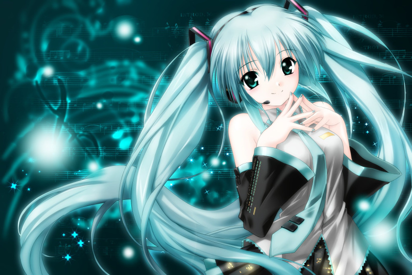 1girl, 2000s_(style), aqua_eyes, aqua_hair, aqua_nails, aqua_necktie, black_sleeves, detached_sleeves, grey_shirt, hatsune_miku, headphones, headset, highres, long_hair, necktie, roozaku, shirt, smile, solo, twintails, very_long_hair, vocaloid