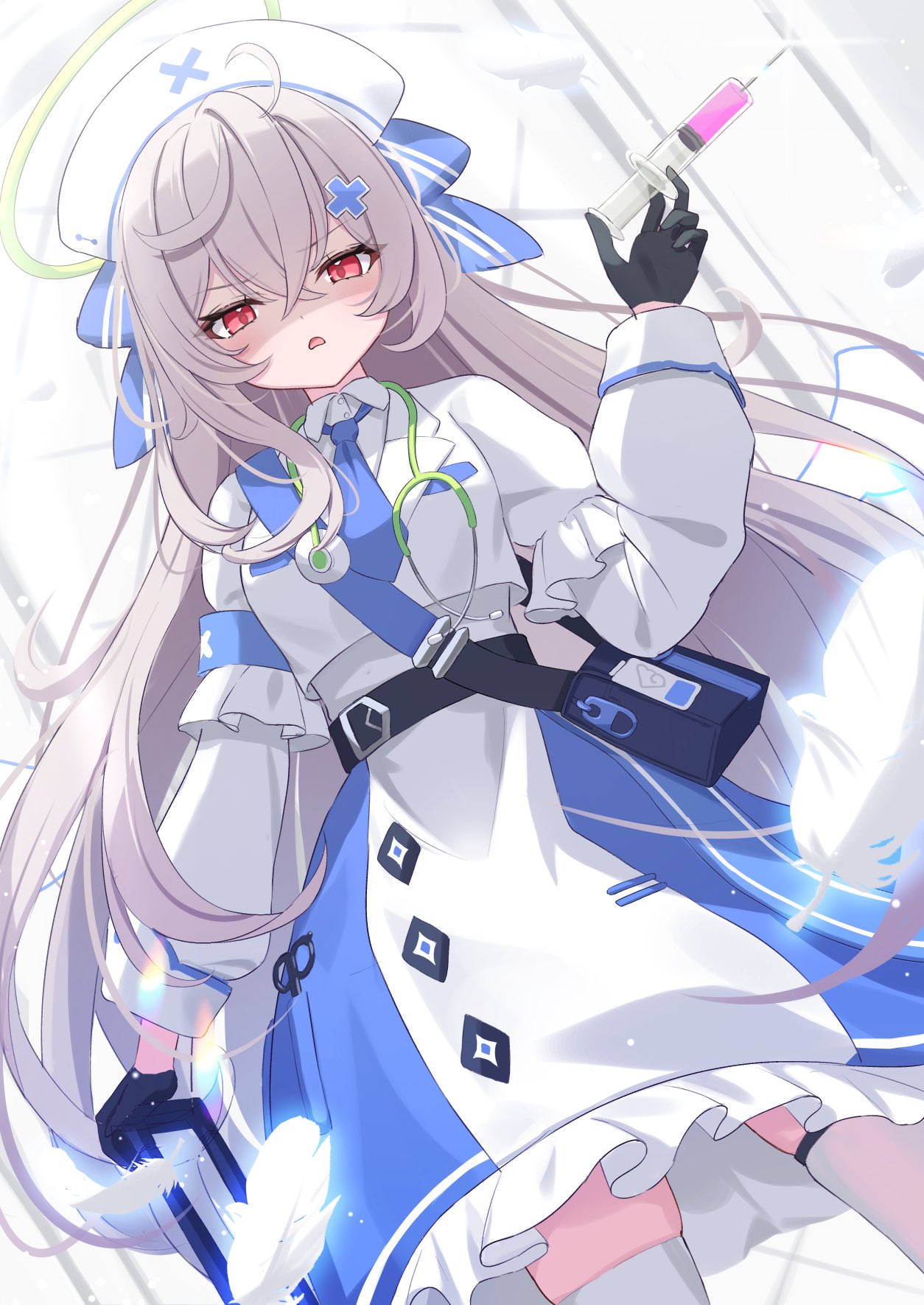 1girl, angel, angel_wings, bag, beatrixa_(stella_sora), black_bag, black_gloves, blue_necktie