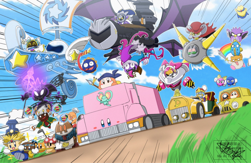 aircraft, airship, bandana_waddle_dee, blue_sky, cappy_(kirby), car, chef_kawasaki, clouds, coo_(kirby), daroach, dirt_road, doc_(kirby), driving, elfilin, emphasis_lines, everyone, floating, flying, friend_train, gooey_(kirby), gooey_(mock_matter)_(kirby), grass, halberd_(airship), highres, holding, holding_sword, holding_weapon, kine_(kirby), king_dedede, kirby, kirby:_right_back_at_ya!, kirby_(series), kirby_air_ride, kirby_air_riders, knuckle_joe, lalala_(kirby), lololo_(kirby), lor_starcutter, love_love_stick, magolor, marx_(kirby), marx_soul, meta_knight, miracle_fruit, motor_vehicle, mouthful_mode, outdoors, polearm, queen_sectonia, rainbow_sword_(kirby), rick_(kirby), road, robot, rocky_(kirby), running, scarfy, sky, spear, starman_(kirby), susie_(kirby), sutashita, sword, taranza, truck, waddle_dee, waddle_doo, weapon