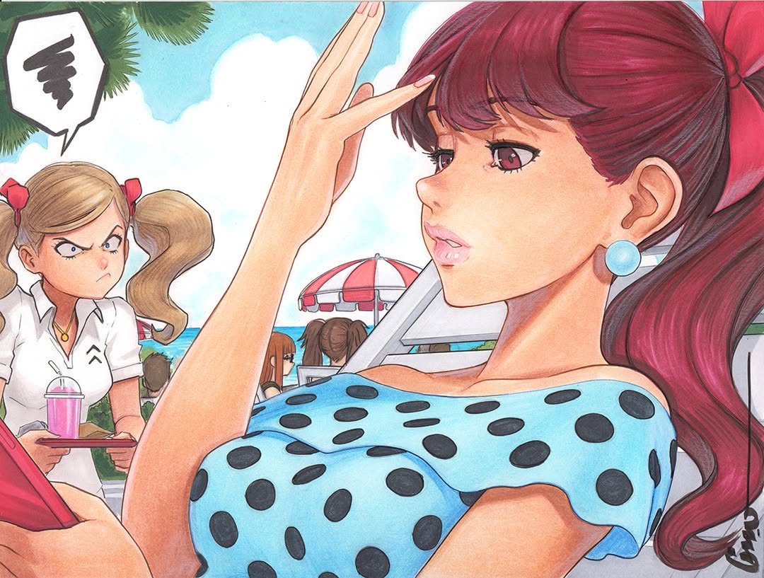 1boy, 4girls, adjusting_hair, angry, artist_name, bare_shoulders, beach, beach_chair