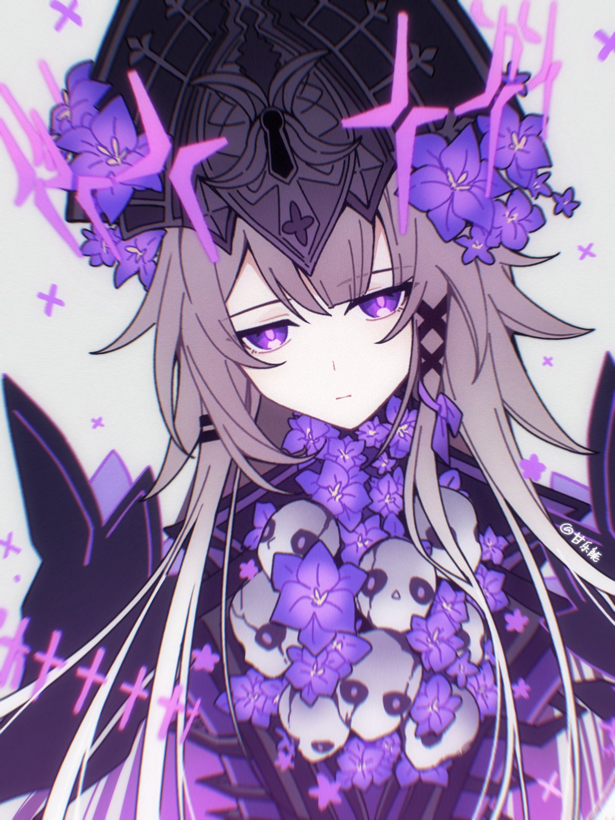 1girl, alternate_universe, bad_end, brown_hair, cross, doll, flower, ganleneng, hair_ornament, hair_ribbon, hairclip, hat, head_tilt, herta_(honkai:_star_rail), highres, honkai:_star_rail, honkai_(series), irontomb, lock, long_hair, looking_at_viewer, parallel_hairclips, purple_flower, ribbon, the_herta_(honkai:_star_rail), very_long_hair, violet_eyes, white_background, x_hair_ornament