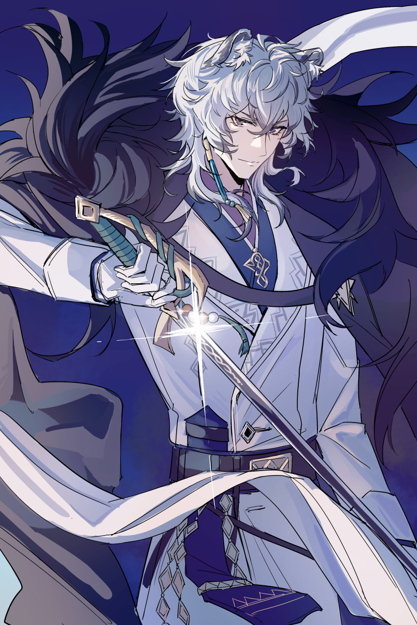 1boy, absurdres, animal_ear_fluff, animal_ears, arknights, black_cape, cape, cc_guiya