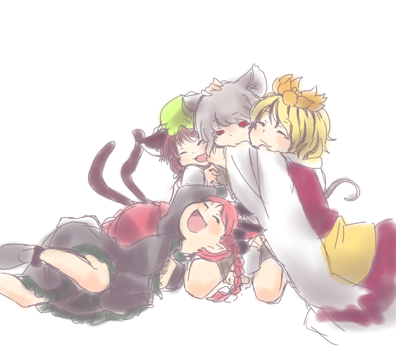 4girls, :d, animal_ears, blush, cat_ears, chen, extra_ears, fang
