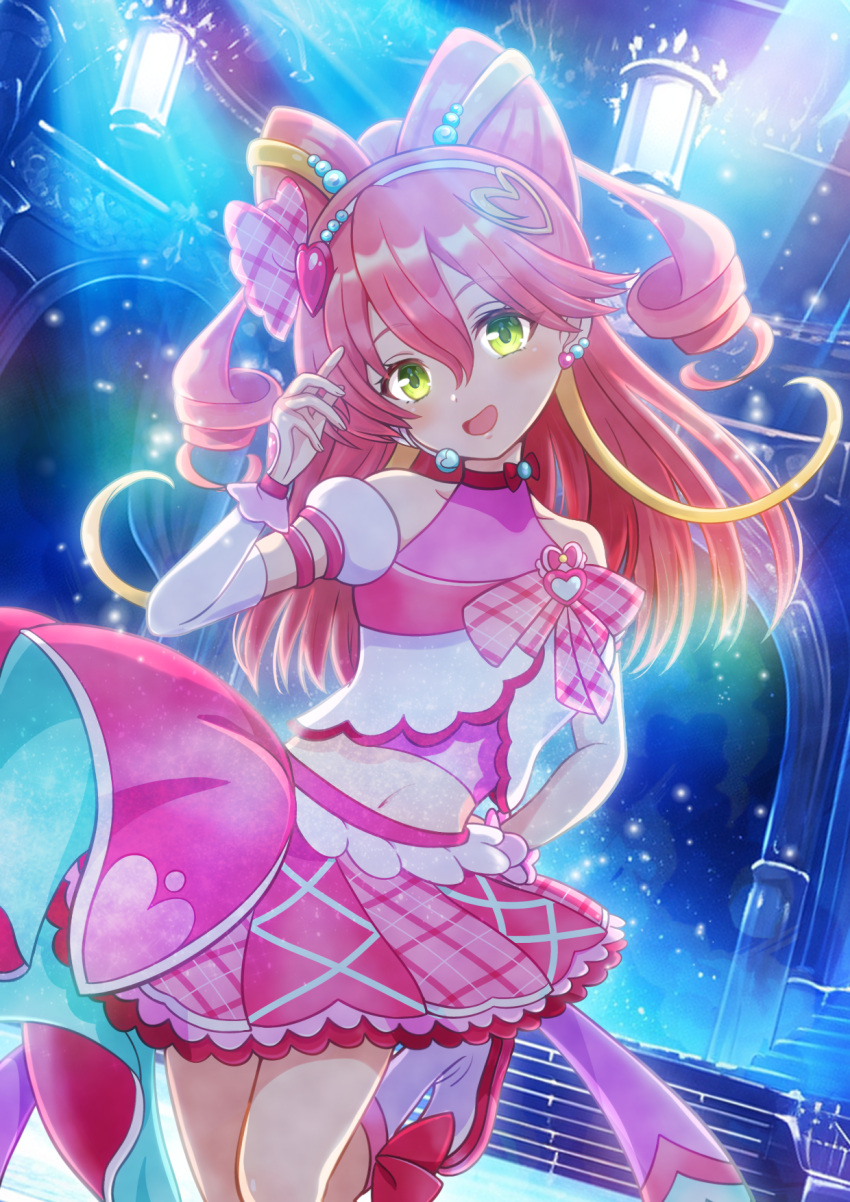 1girl, :d, arm_warmers, asukamama89, bare_shoulders, blush, boots, bow