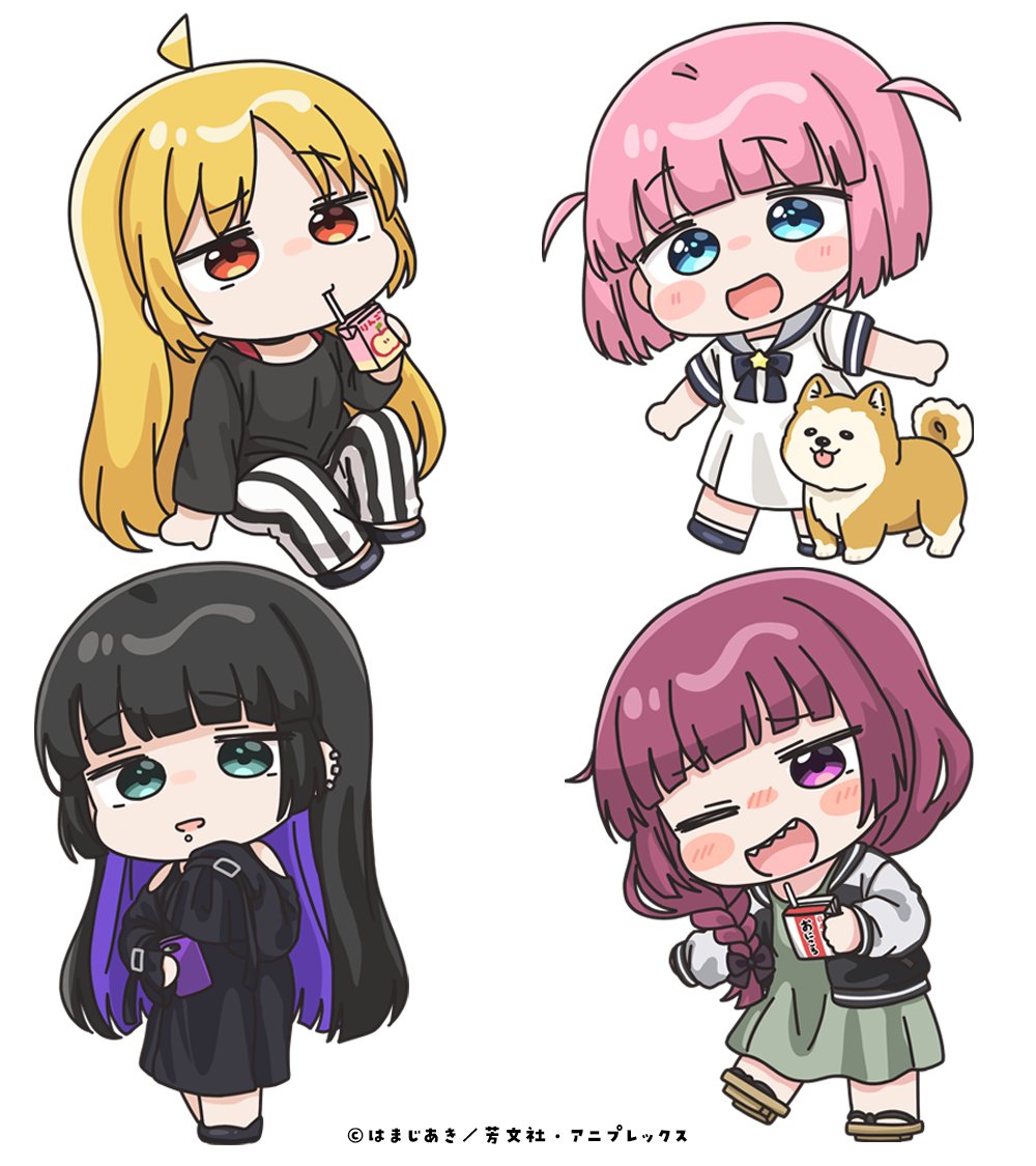 4girls, :d, ahoge, animal, black_bow, black_dress, black_hair, black_jacket