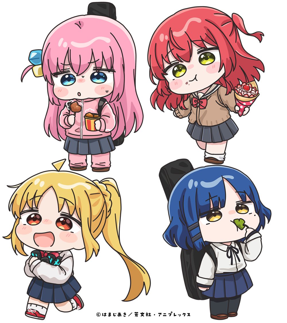 4girls, :t, ahoge, black_pantyhose, black_ribbon, black_skirt, blonde_hair, blowing_on_food