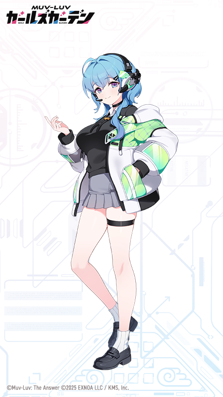 1girl, 2025, ahoge, aqua_hair, black_choker, black_shirt, black_shoes, blue_eyes, breasts, choker, closed_mouth, collared_shirt, copyright_logo, copyright_name, copyright_notice, evi_leenhardt, green_jacket, grey_skirt, hachirodesu, hair_ornament, hairpin, hand_in_pocket, headphones, headset, jacket, large_breasts, logo, long_hair, multicolored_jacket, muv-luv, muv-luv_girls_garden, official_art, open_clothes, open_jacket, ribbed_socks, shirt, shoes, skirt, socks, solo, thigh_strap, white_jacket, white_socks