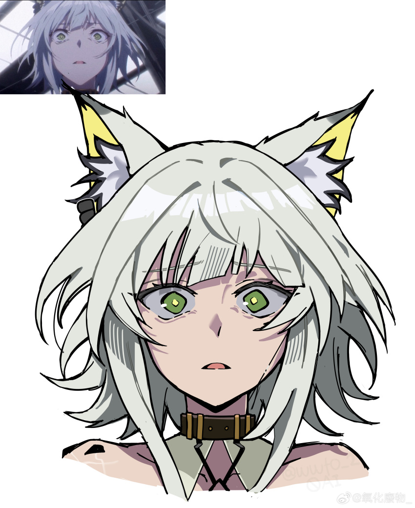 1girl, absurdres, animal_ear_fluff, animal_ears, anime_screenshot_inset, arknights, bare_shoulders, cropped_shoulders