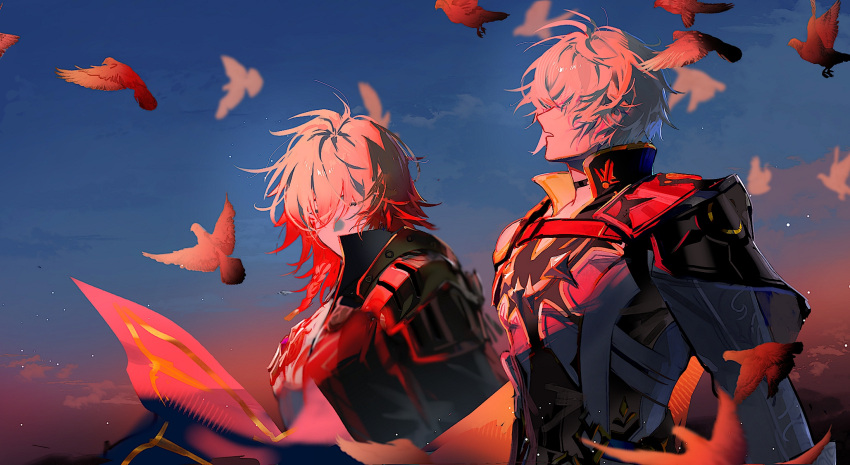 2boys, antenna_hair, armor, bird, black_choker, black_coat, black_shirt, blonde_hair