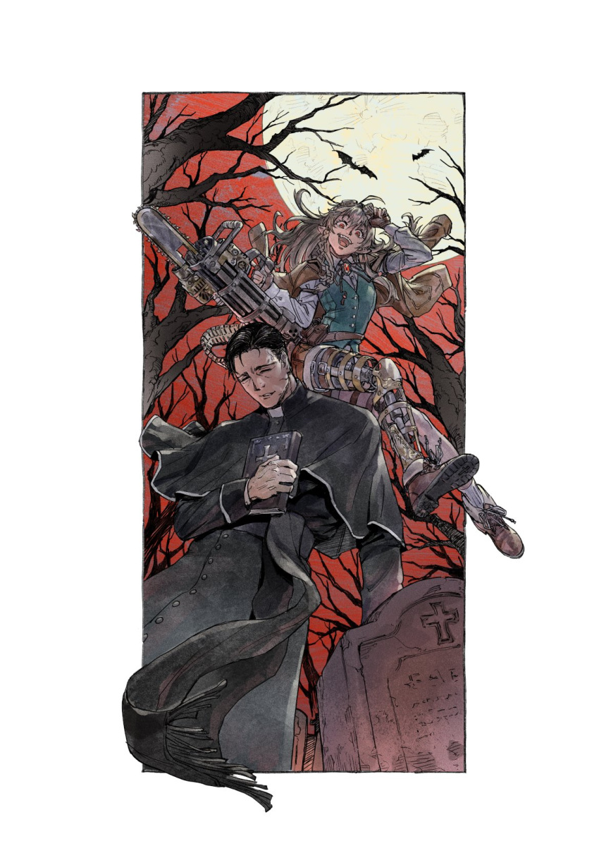 12v, 1boy, 1girl, ahoge, bare_tree, bat_(animal), bible_(object), black_hair