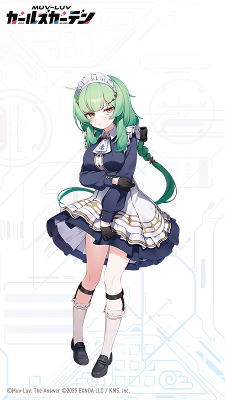 1girl, 2025, black_dress, black_gloves, black_shoes, braid, breasts, closed_mouth, copyright_logo, copyright_name, copyright_notice, dress, gloves, green_hair, hachirodesu, hair_ornament, hairpin, harriet_mills, kneehighs, large_breasts, logo, long_hair, low_ponytail, maid, maid_headdress, multicolored_dress, muv-luv, muv-luv_girls_garden, official_art, ponytail, shoes, single_braid, socks, solo, white_dress, white_socks, yellow_eyes