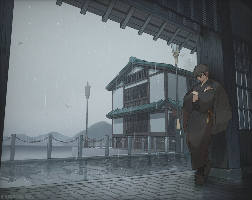 1boy, bird, black_hair, black_shoes, closed_mouth, commentary, cyp1a2, doudanuki_masakuni, full_body, hair_between_eyes, highres, house, lamppost, long_sleeves, male_focus, outdoors, overcast, rain, scar, scar_on_face, shoes, short_hair, sky, solo, symbol-only_commentary, touken_ranbu, wide_shot, wide_sleeves