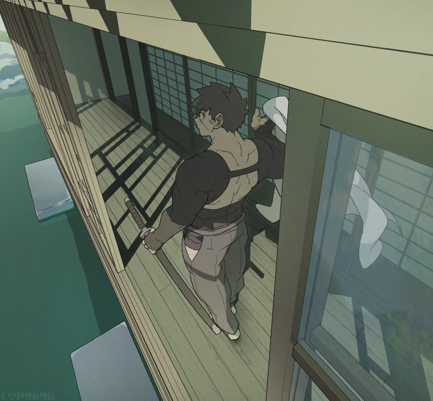 1boy, back, brown_eyes, brown_hair, commentary, cyp1a2, doudanuki_masakuni, from_above
