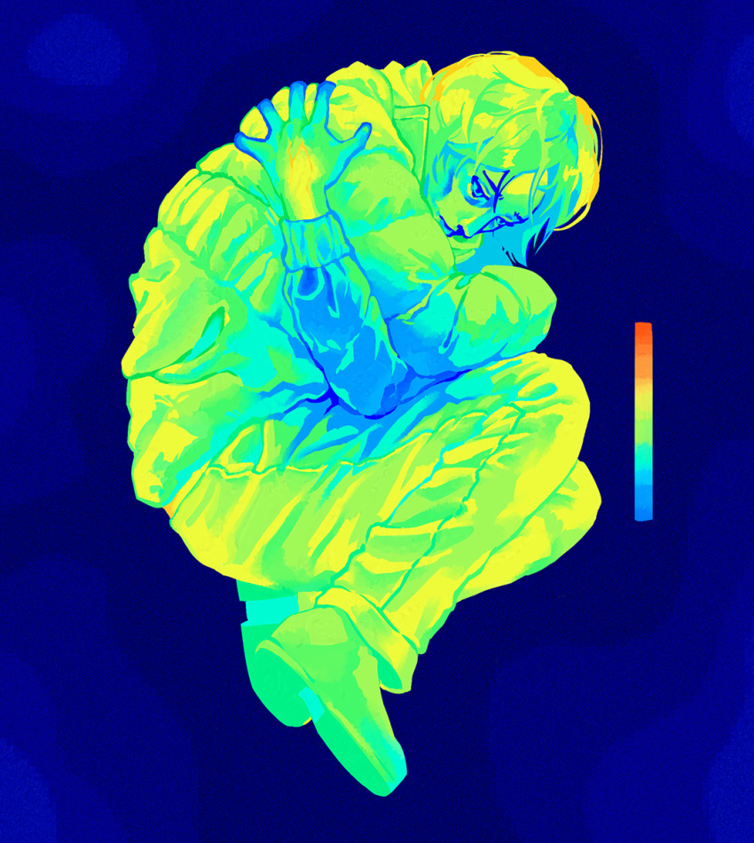 1boy, blue_background, coat, coat_guy_(no_i'm_not_a_human), colorful, fetal_position, full_body, highres