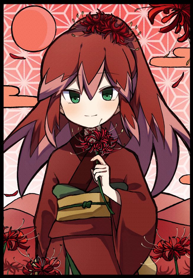 1girl, flower, green_eyes, hair_flower, hair_ornament, japanese_clothes, kimono, light_blush