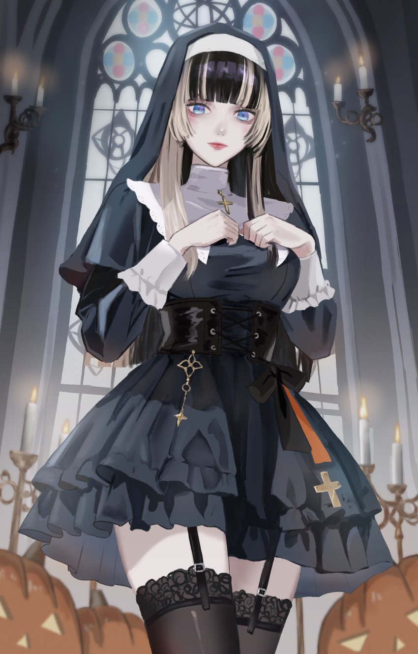 1girl, absurdres, alternate_costume, black_coif, black_corset, black_dress, black_hair, black_thighhighs