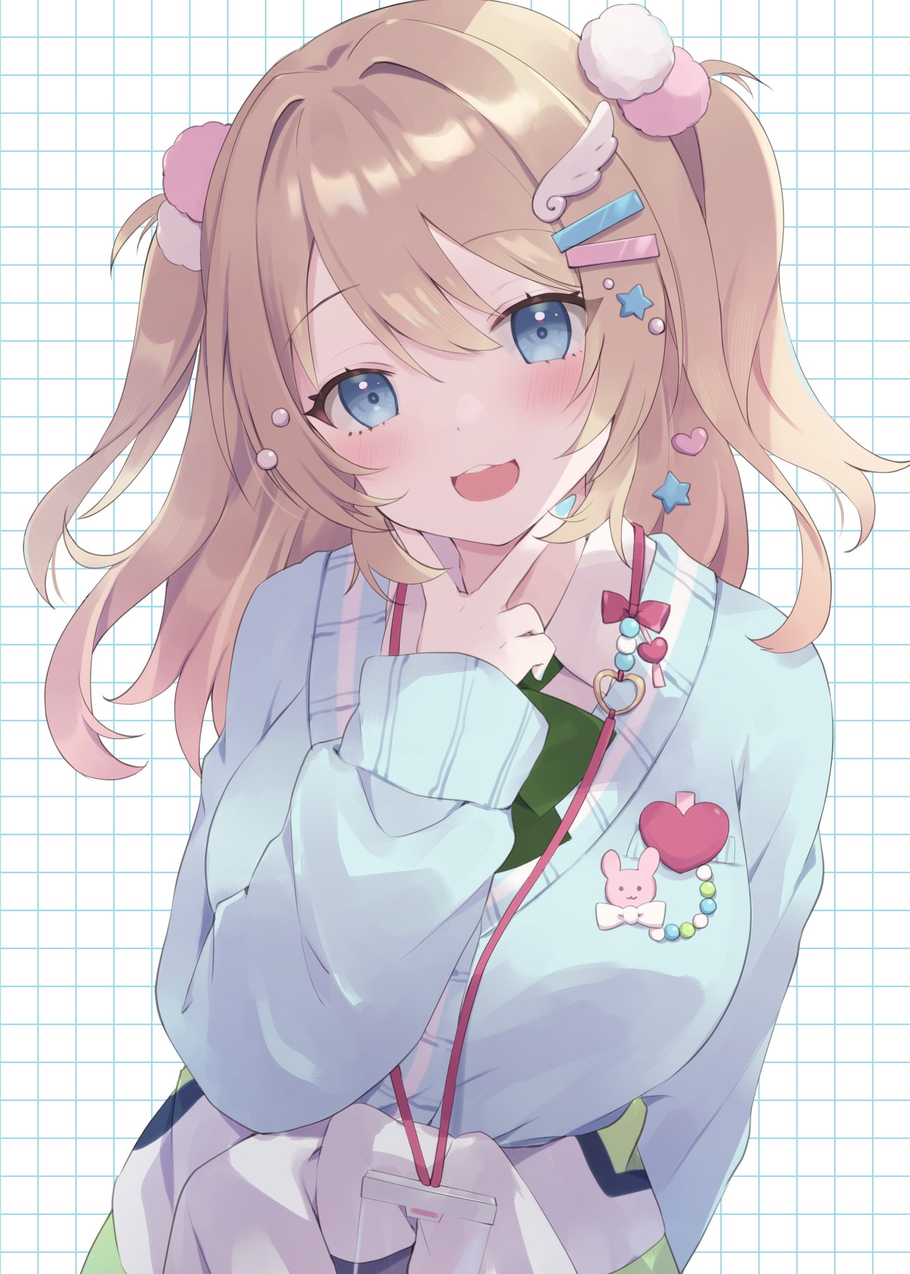 1boy, :3, aqua_cardigan, aqua_nails, blonde_hair, blue_eyes, bow, bowtie, breasts, cardigan, clothes_around_waist, feather_hair_ornament, feathers, flute_melville, green_bow, green_bowtie, hair_ornament, heart, heart_hair_ornament, highres, jacket, jacket_around_waist, lanyard, large_breasts, long_hair, looking_at_viewer, loveyuzu, muv-luv, muv-luv_girls_garden, open_mouth, pom_pom_(clothes), pom_pom_hair_ornament, shirt, solo, star_(symbol), star_hair_ornament, teeth, two_side_up, upper_body, upper_teeth_only, v, white_shirt