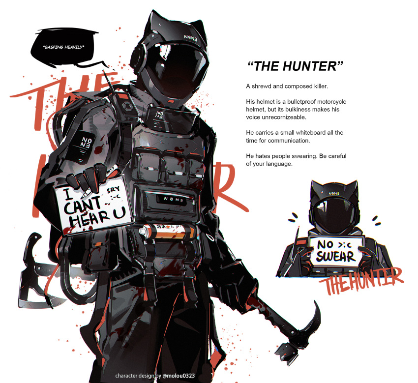 1boy, animal_ear_helmet, animal_helmet, axe, blood, cat_helmet, hammer, helmet