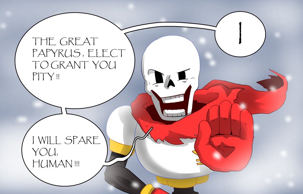 1boy, 2016, 2d, armor, cape, chinese_commentary, digital_media, english_text, gloves, hand_on_own_hip, hand_up, humanoid, male, male_focus, male_only, monster, monster_boy, nnbadbear, open_mouth, papyrus_(font), papyrus_(undertale), red_cape, red_gloves, simple_background, skeleton, snow, solo, speech_bubble, teeth, text, undead, undertale, utdr_(toby_fox), white_armor
