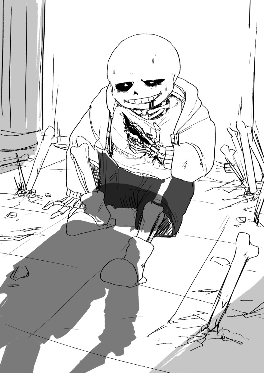 1boy, 1other, 2024, 2d, after_battle, black_shorts, blood_from_mouth, bone