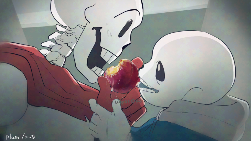 2024, 2boys, 2d, armor, artist_name, bitten, blue_jacket, blue_tongue, cape, colored_tongue, digital_media, duo, food, from_side, fruit, gloves, grey_background, grey_hood, holding, holding_food, holding_fruit, hood, hood_down, hooded_jacket, humanoid, jacket, licking, male, male_focus, male_only, monster, monster_boy, multiple_boys, open_mouth, papyrus_(undertale), plum, portrait, red_cape, red_gloves, sans_(undertale), shared_food, simple_background, skeleton, teeth, tongue, tongue_out, undead, undertale, unyomoke, utdr_(toby_fox), white_armor, white_gloves