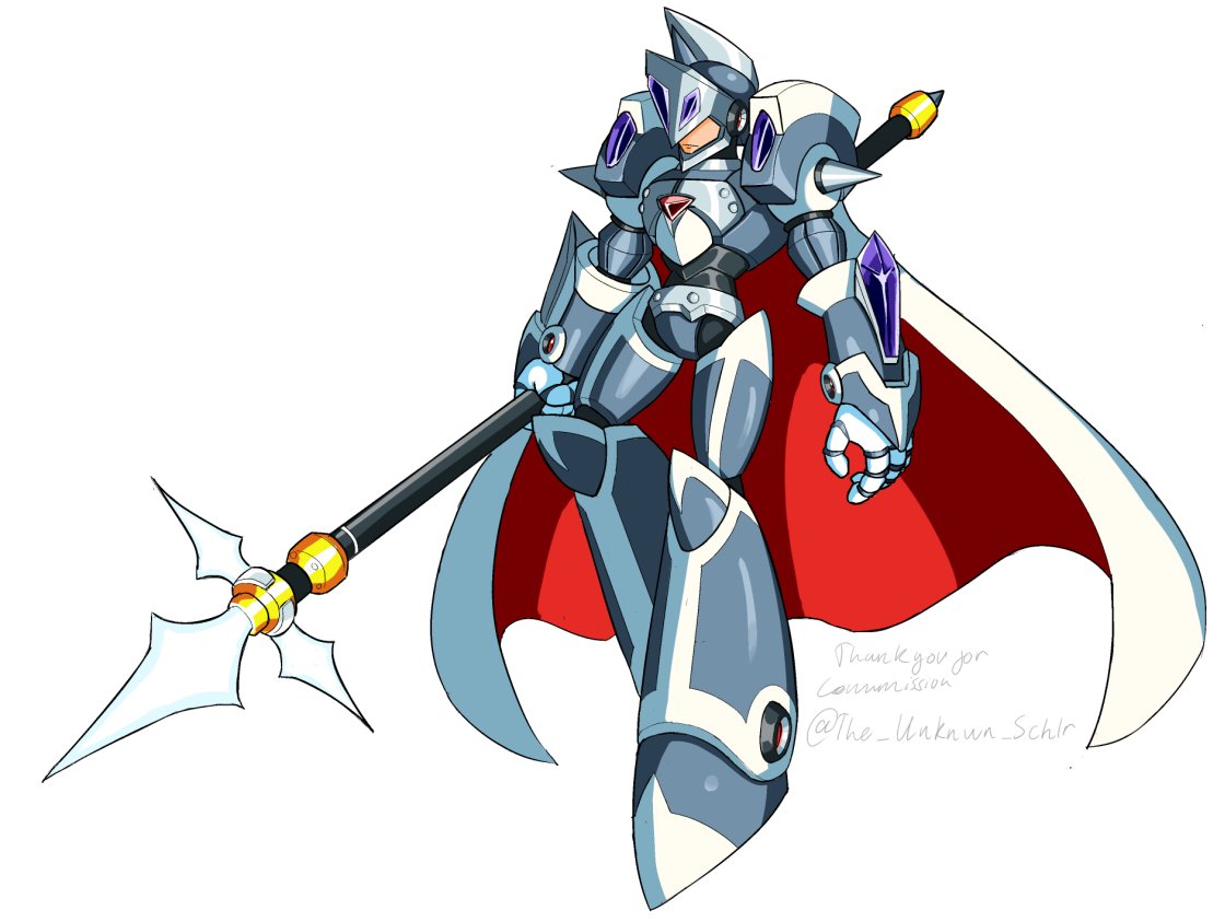 1boy, android, armor, cape, chest_jewel, commission, covered_eyes, energy_spear