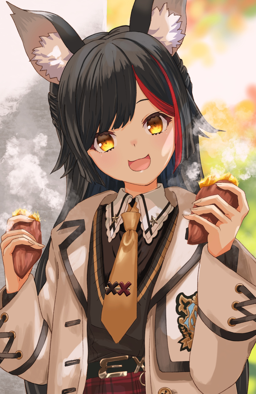 1girl, absurdres, animal_ear_fluff, animal_ears, black_hair, black_shirt, blush, brown_jacket