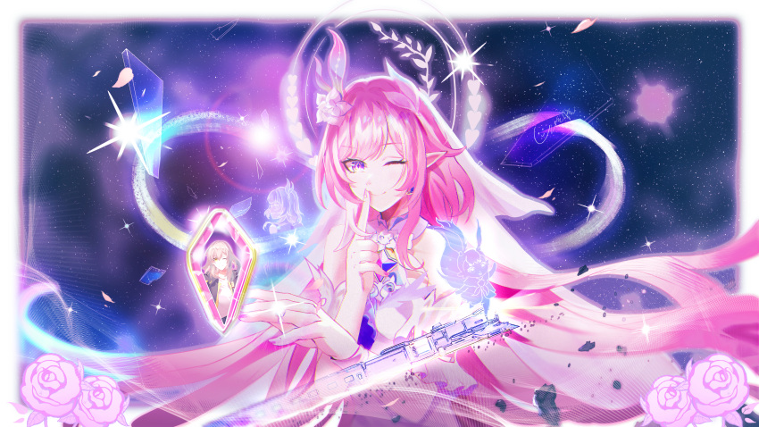 1girl, ;), absurdres, astral_express_(honkai:_star_rail), border, breasts, bridal_veil, cyrene_(honkai:_star_rail)