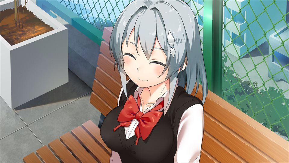 1girl, ^_^, bench, blue_eyes, bow, bowtie, breasts, closed_eyes