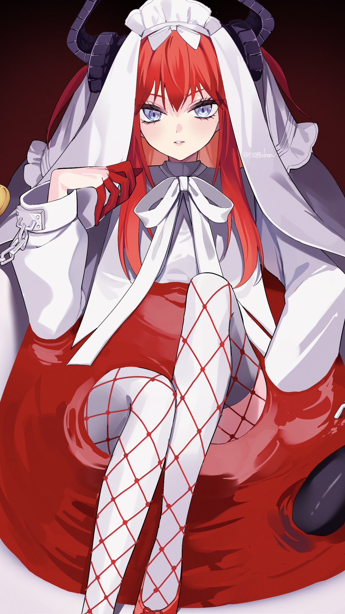 1388chan, 1girl, blue_eyes, breasts, chain, cuffs, curled_horns, dragon_horns, dragon_tail, dress, elizabeth_bathory_(avenger)_(fate), elizabeth_bathory_(fate), fate/grand_order, fate_(series), fishnet_pantyhose, fishnets, hair_ribbon, highres, horns, long_hair, long_sleeves, looking_at_viewer, pantyhose, red_hair, ribbon, shackles, small_breasts, solo, tail, thigh-highs, thighs, two_side_up, veil, white_dress, white_thighhighs